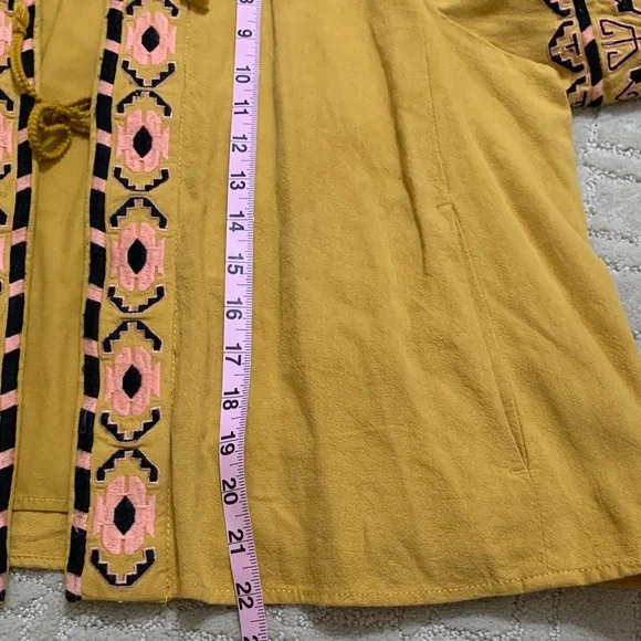 Free People Women’s Embroidered Linen Blend Blouse Jacket Mustard Hippie Boho M - Picture 10 of 12